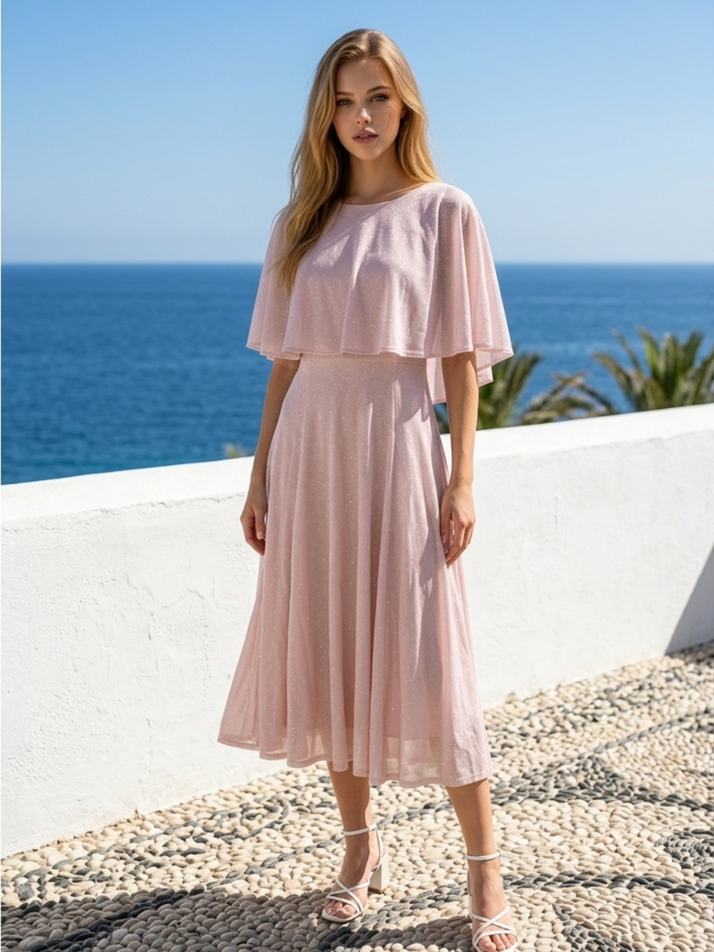 Danny & Nicole Blush Pink Midi Dress with Capelet